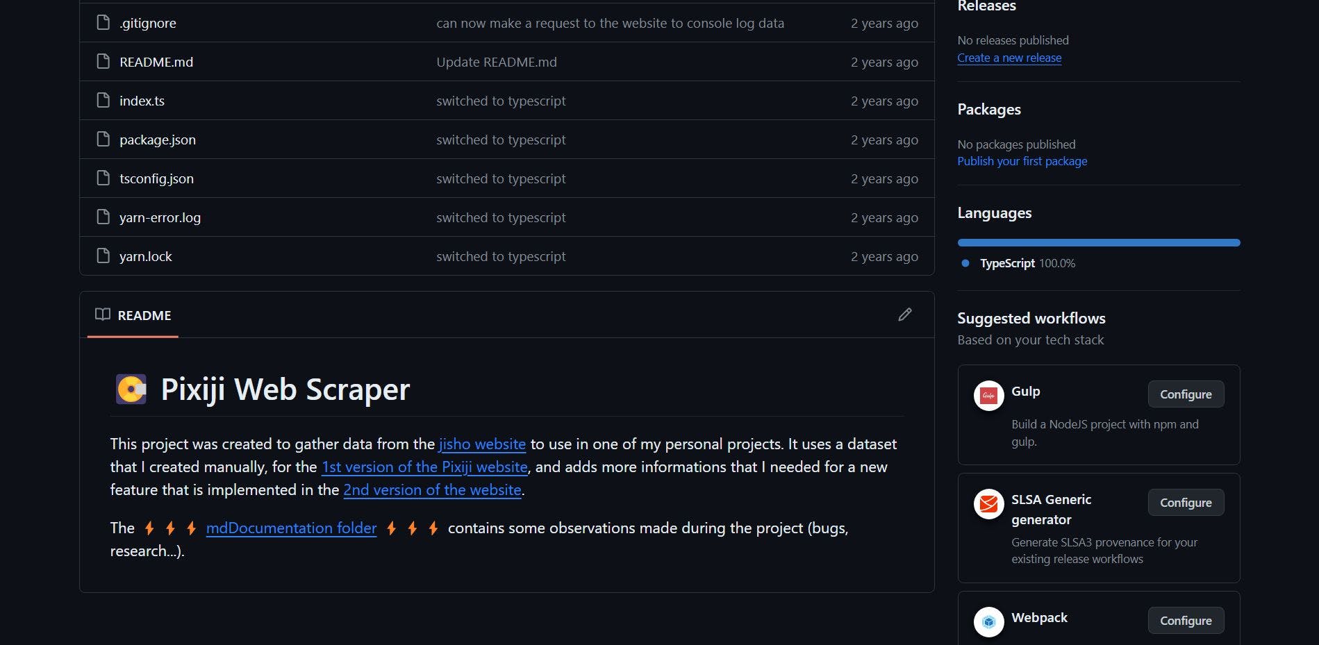 A screenshot of the public GitHub repository of the project Pixiji Web Scraper