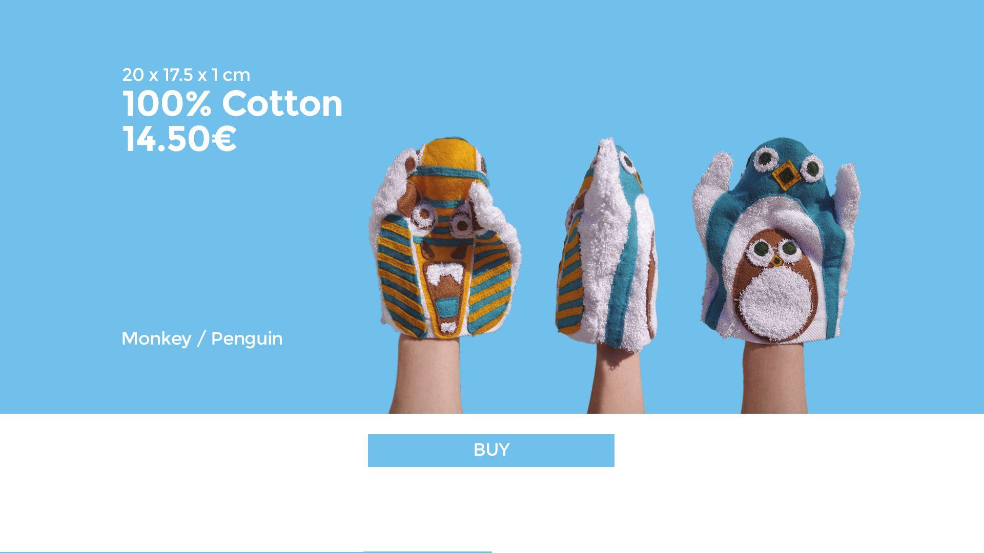 A toy for children that can be used as a puppet, but also as a washcloth. One side shows a monkey and the other shows a penguin with its baby.