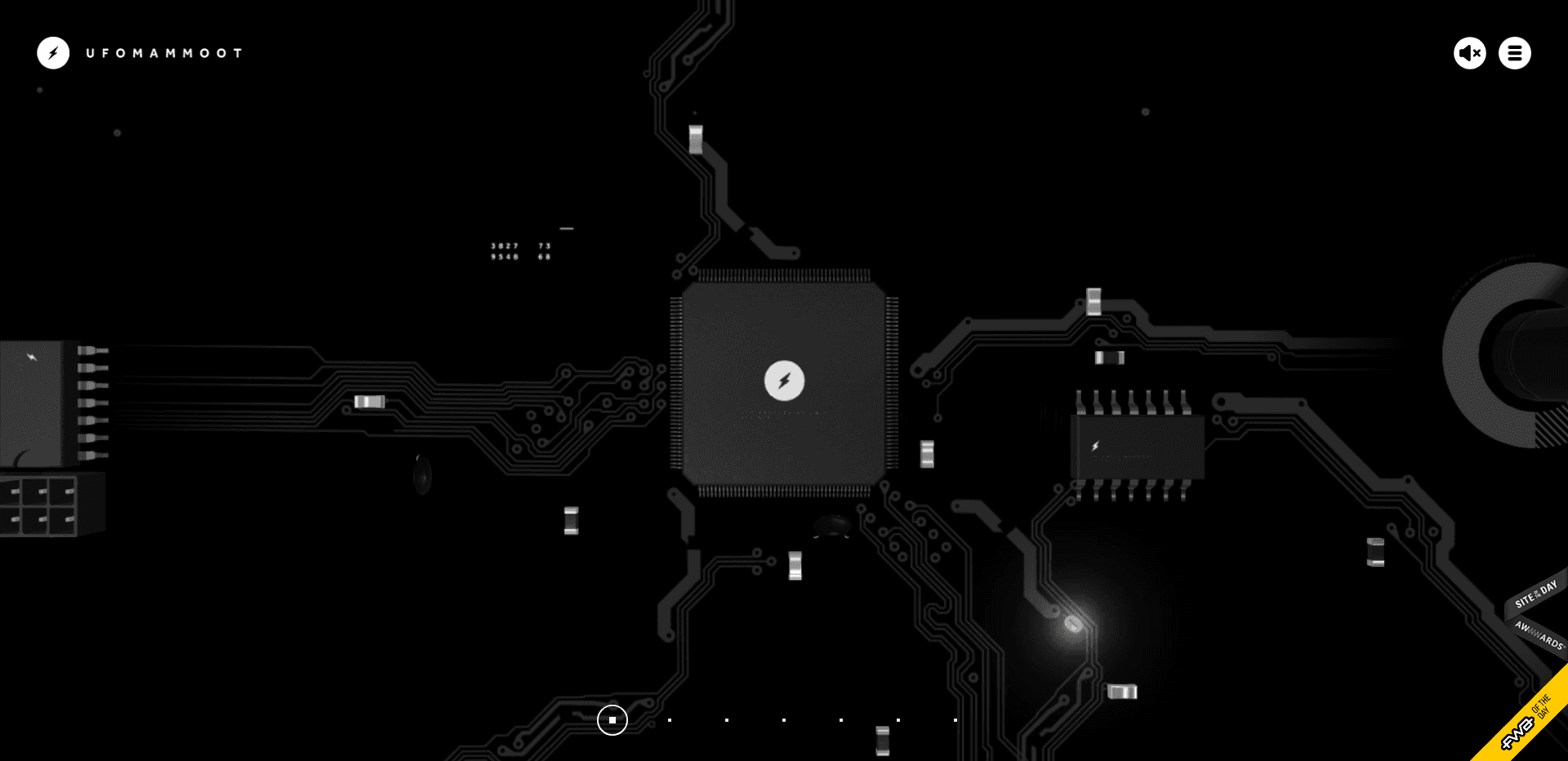 A CPU with the logo of Ufomammoot on its center, is connected to the rest of the website by electronic wires.