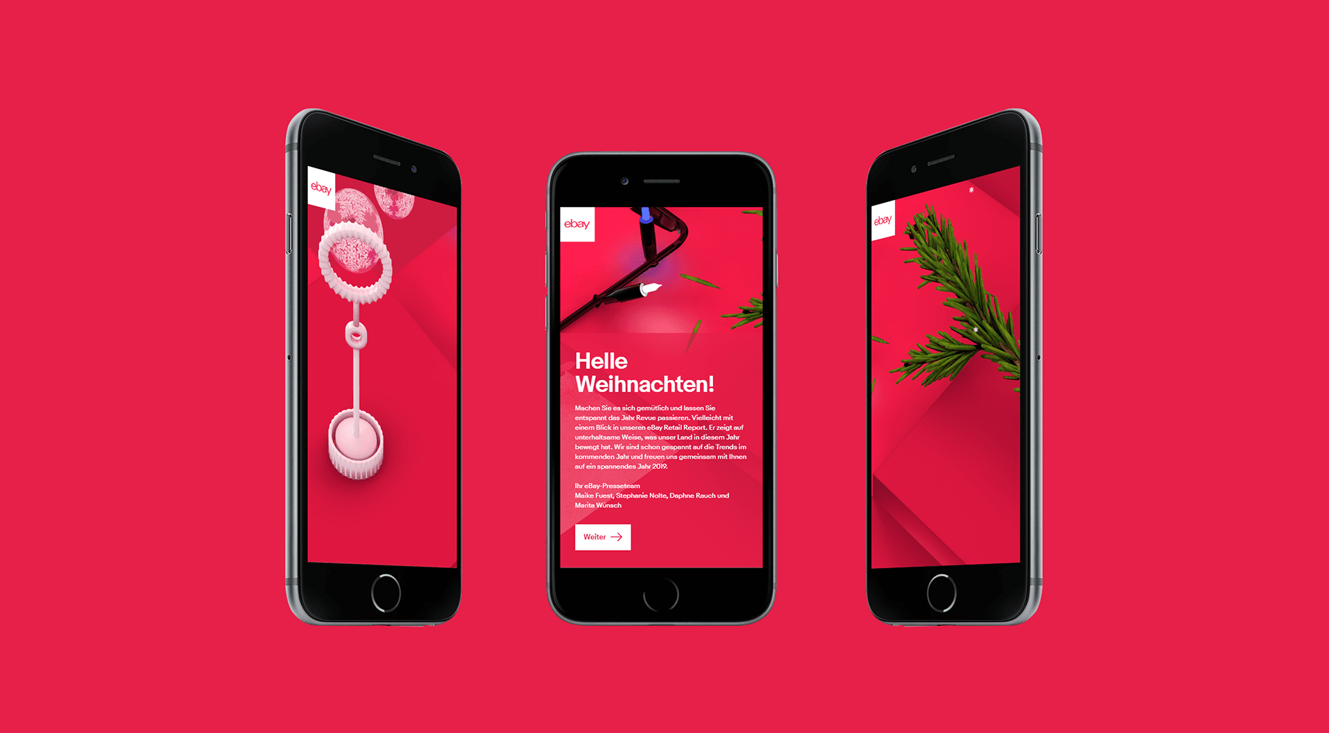 3 smartphone screens showing 3D models of a Christmas tree, Christmas decorations and snowflakes