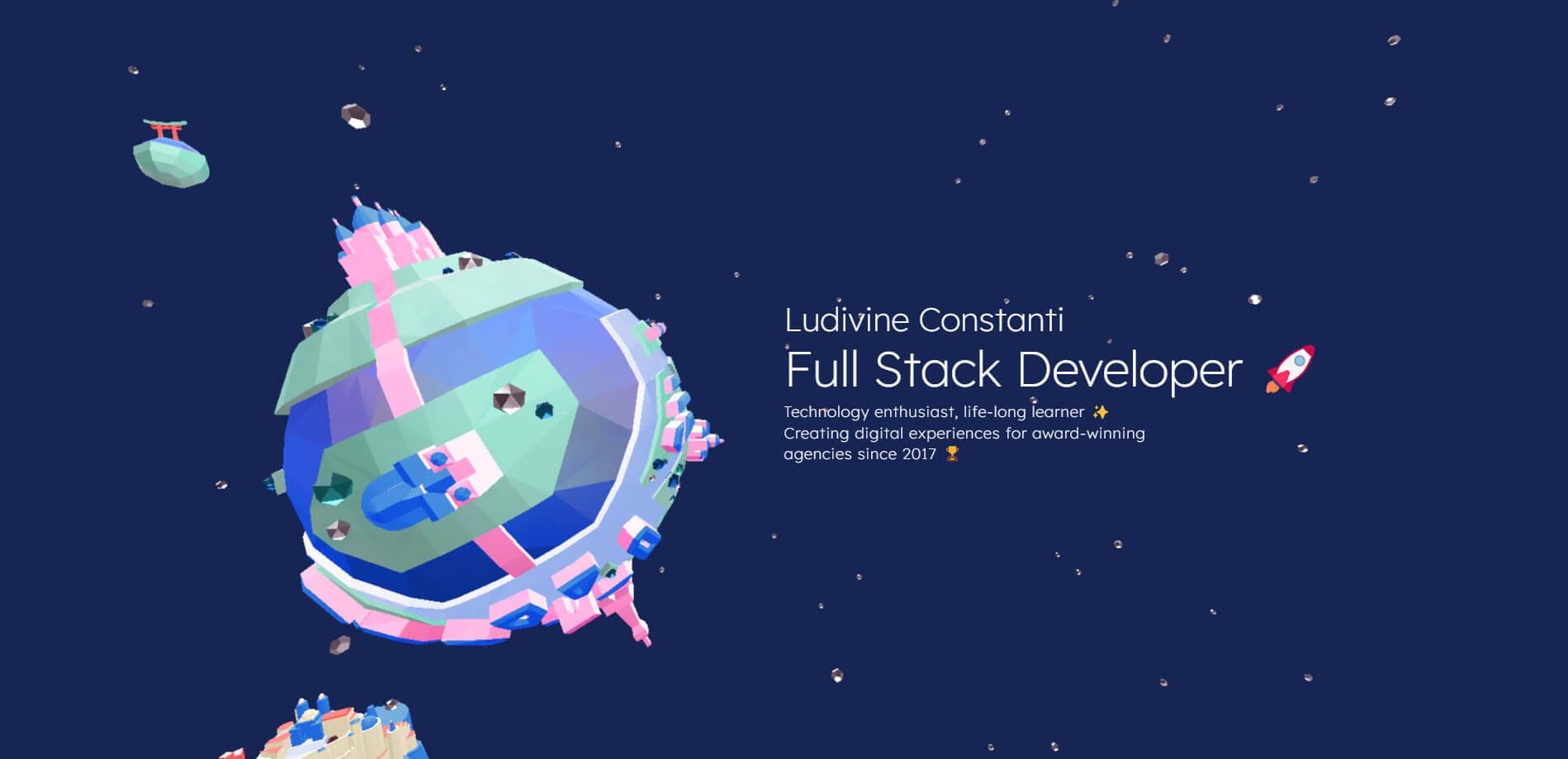 The hero section of this website, showing multiple 3D models of planets, in a starry sky