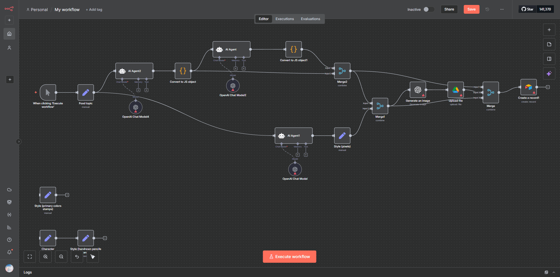 Screenshot of the n8n application, showing the node setup to automate the creation of illustrations for children