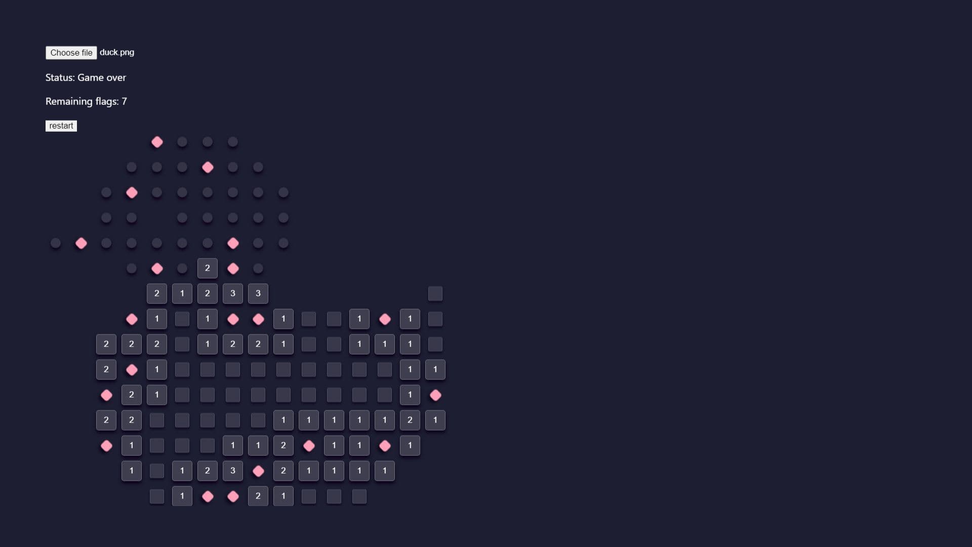 A mine sweeper game is used as pixel art to represent the outline of a duck.